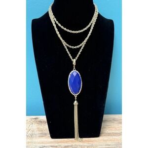 Premier Designs Reversible Necklace Blue Aqua Faceted Stone Gold Tone Y Tassel